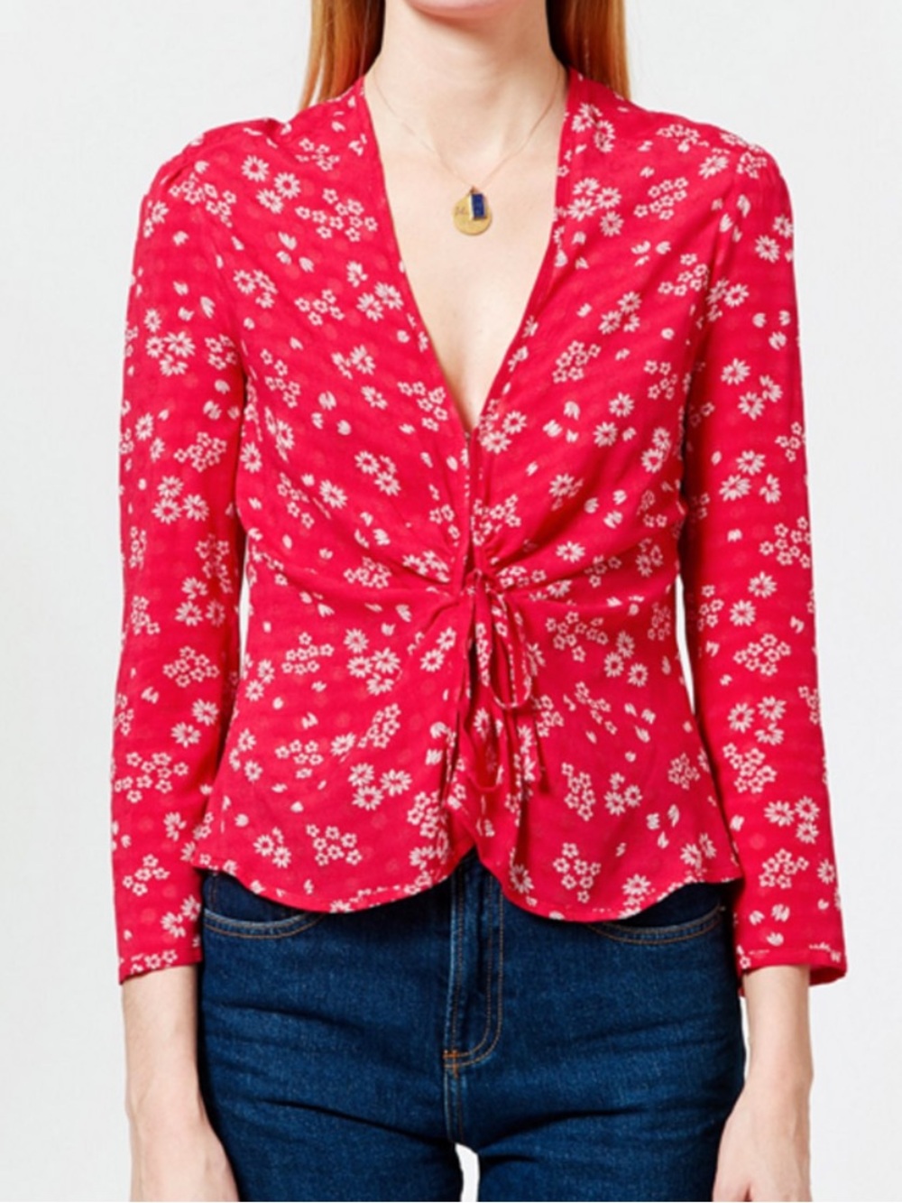 Rouje Red Floral Tie Front Blouse Sz 36
